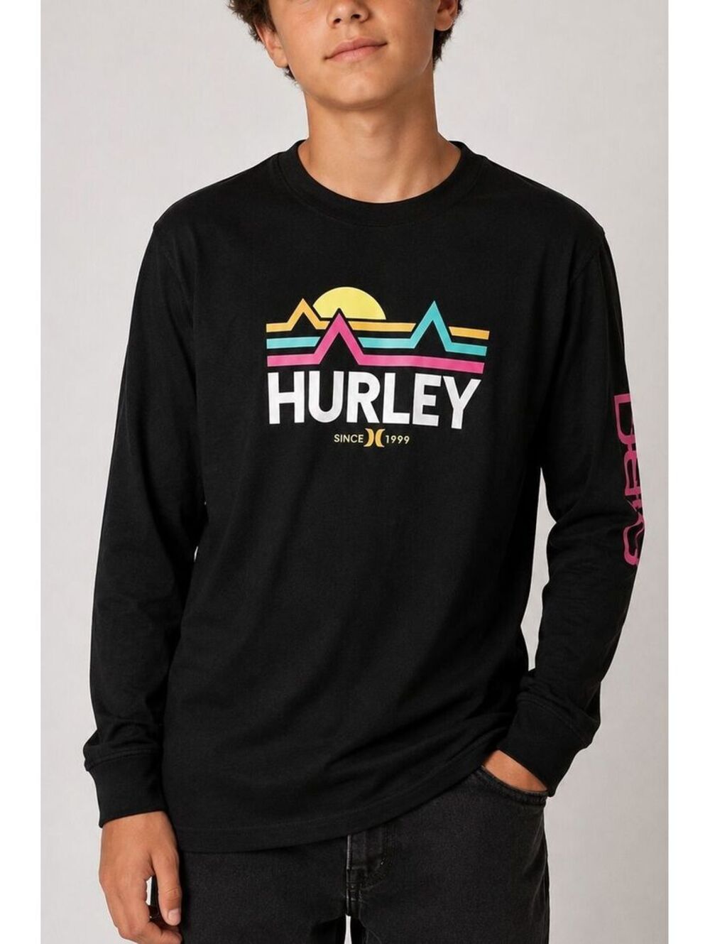 Hurley Youth XL 13-15 Retro Graphic Long Sleeve Shirt Gray Surf Skate Y2K NWOT